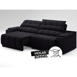 Sofá com Porta Copos Carregador USB Ret Rec Samurai 2,50m Velosuede Preto - NETSOFAS - 6
