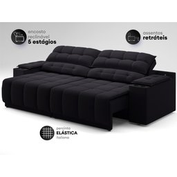 Sofá com Porta Copos Carregador USB Ret Rec Samurai 2,50m Velosuede Preto - NETSOFAS - 5