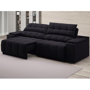 Sofá com Porta Copos Carregador USB Ret Rec Samurai 2,50m Velosuede Preto - NETSOFAS