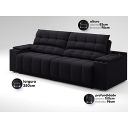 Sofá com Porta Copos Carregador USB Ret Rec Samurai 2,50m Velosuede Preto - NETSOFAS - 3