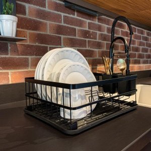 Escorredor de Louças 9 Pratos Preto Fosco Mor Compacto com Bandeja Porta Talher
