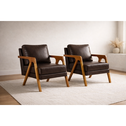 Kit 2 Poltronas Mona Luxo Madeira Maciça Corino Café para Sala de Estar Decorativa Moderna