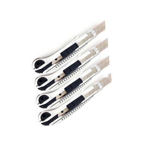 Kit 4 Estilete Largo de Metal e Plástico 18x100mm Com Reservatório Para Lâminas Trava de Segurança +