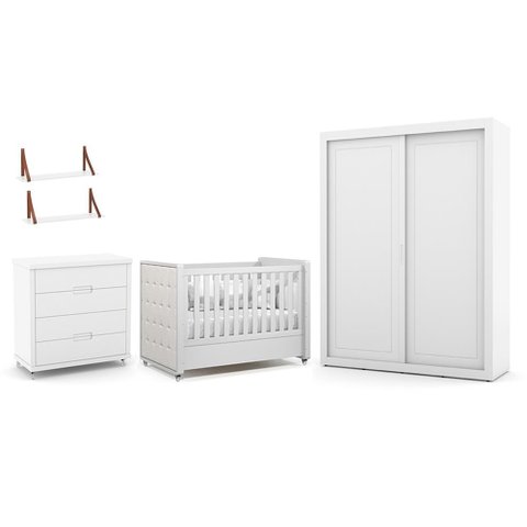 Dormitório Tutto New 2 Portas, Cômoda 4 Gavetas e Berço Branco Soft com Capitonê e Prateleiras