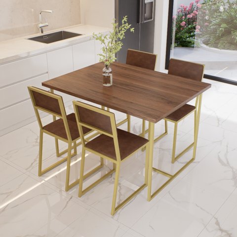 Conjunto Mesa de Jantar Retangular Imbuia 4 Cadeiras Estofado Riviera Industrial Dourado Don Castro 