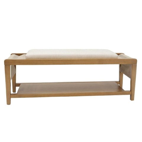 Banco Cíntia 120cm Madeira Tecido Papel Bege com Corda Náutica Areia