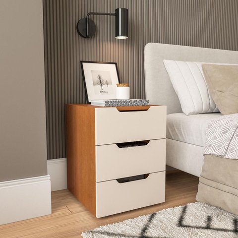 Mesa de Cabeceira Madri com 3 Gavetas 40x54cm Creme/Freijó 250695