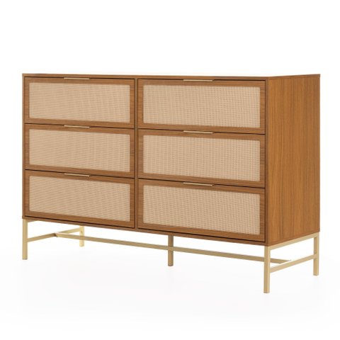 Cômoda Square para Quarto Grande 6 Gavetas Pés de Metal 138cm Telinha Rattan Louro Freijó  Casavee