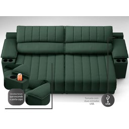 Sofá com Porta Copos Carregador USB Ret Rec Murano 2,30m Velosuede Verde - NETSOFAS - 2