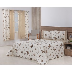 Jogo Lençol 4 Peças Cama Viúva 2,03mx1,20mx30cm 100% Algodão 180 Fios Ponto Palito Borboletas Cáqui