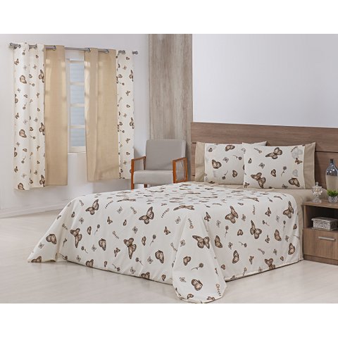 Jogo Lençol 4 Peças Cama Viúva 2,03mx1,20mx30cm 100% Algodão 180 Fios Ponto Palito Borboletas Cáqui