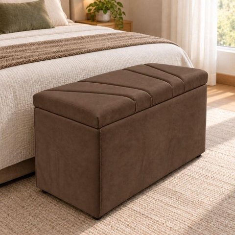 Calcadeira Recamier Baú Estofada 100cm para Cama Solteiro Suede Marrom