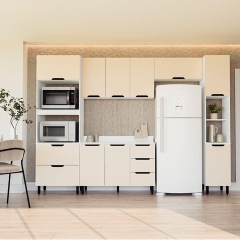Cozinha Meena 5 Peças Armários Aéreos Torre Quente Paneleiro Balcão Tampo Branco/Creme 250068