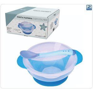 Kit Papinha Tigela com Ventosa + Tampa e Colher de Plástico Silicone Azul