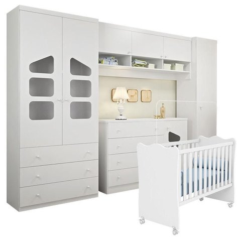 Jogo de Quarto Algodão Doce 100% MDF Roupeiro e Cômoda + Berço Doce Sonho Branco