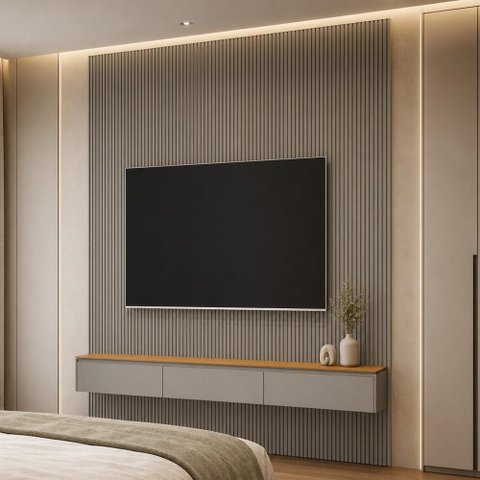 Painel Ripado para TV 85 pol com Bancada Suspensa Orgânica 219cm Slats L05 Tauari Gris Fosco - Lyam
