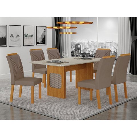 Conjunto Sala de Jantar Lara 1,60m com 6 Cadeiras Clara Plus Cinamomo/Off White/Joli Camurça