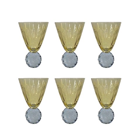 Conjunto 6 Taças em Vidro Âmbar com Base de Cristal Esculpido Azul 425ml BJ0047 Btc