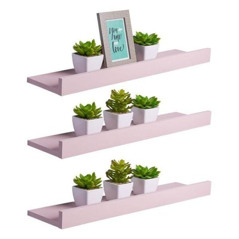 Kit 3 Prateleiras Porta Quadros 100 x 15cm Rosa Claro Suporte Invisível