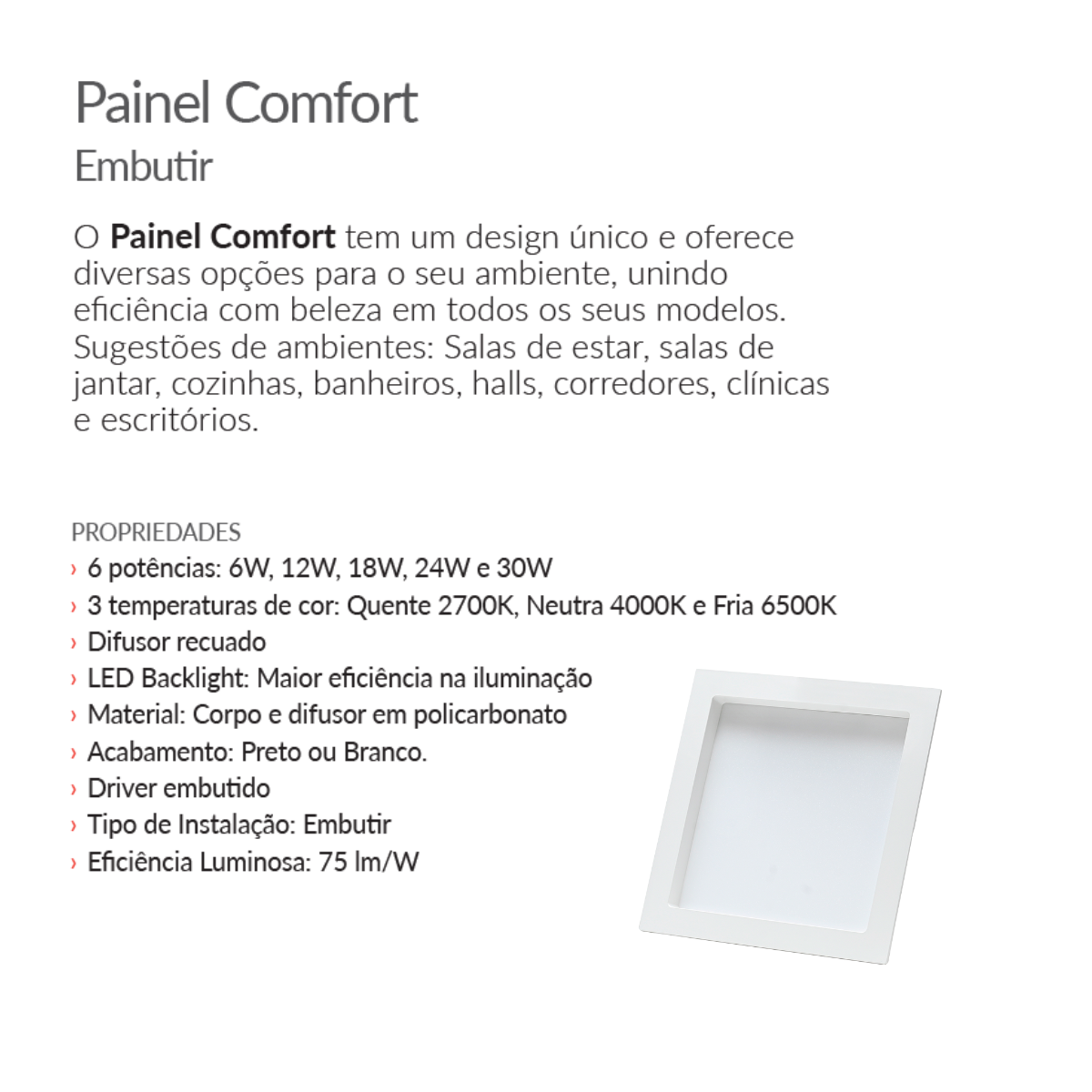 Painel Embutir Branco Recuado Avant Comfort 12w 172mmx172mm 4000k - 5