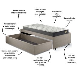 Base Box Cama Solteiro Sapateira Linho e Colchão Adapto - 6