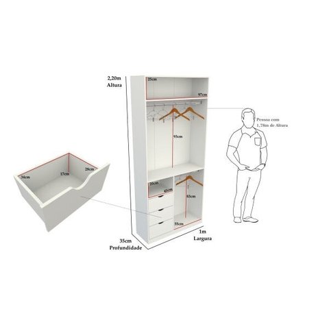 Armário Misto Gaveta Arara M17 100% Mdf Closet Loja Roupa
