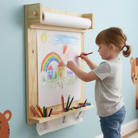 Painel Lousa Infantil Montessori de Madeira + Bobina de Papel Criativa para Desenho e Pintura