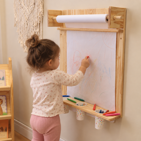 Painel Lousa Infantil Montessori de Madeira + Bobina de Papel Criativa para Desenho e Pintura