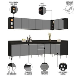 Armário de Cozinha Modulado de Canto 7 Peças Cp35 Balcão com Tampo Preto/cinza - Lumil Lumil Móveis - 3