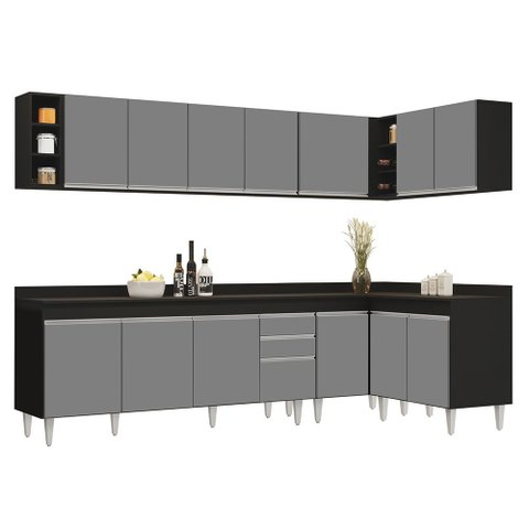 Armário de Cozinha Modulado de Canto 7 Peças Cp35 Balcão com Tampo Preto/cinza - Lumil Lumil Móveis