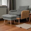 Ver imagem 1 de Poltrona de Amamentação Reclinável 5 Posições com Puff Linho Cinza com Corino Nozes