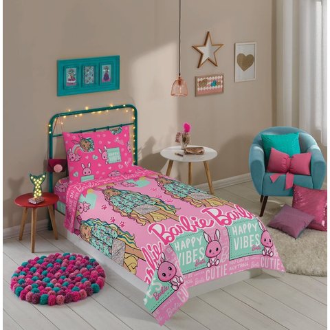 Jogo de Lençol Cama Solteiro Barbie Menina Rosa 2 Pç Lepper