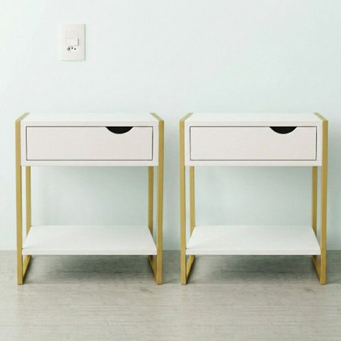 Kit 2 Mesas de Cabeceira Mordomo Lateral Cama com 1 Gaveta Branco / Dourado