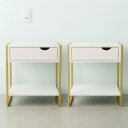 Ver imagem 1 de Kit 2 Mesas de Cabeceira Mordomo Lateral Cama com 1 Gaveta Branco / Dourado
