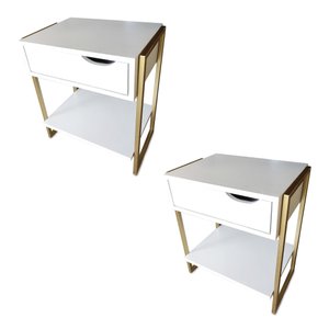 Kit 2 Mesas de Cabeceira Mordomo Lateral Cama com 1 Gaveta Branco / Dourado