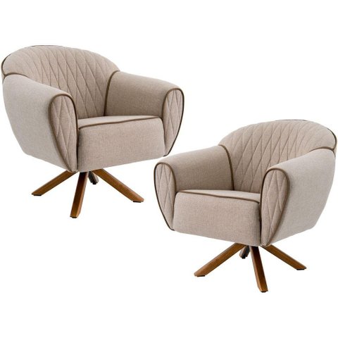 Kit 02 Poltronas Decorativas Base Giratória de Madeira Nina D02 Tressê Bege Rústico C-470 -