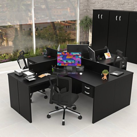 Conjunto Escrivaninha Mesa de Canto em L Ilha 4 Lugares Office Preto