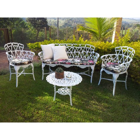 Conjunto Viena (01 Mesinha + 02 Poltronas + 01 Banco Namoradeira 3 Lugares) Alumínio Fundido Jardim