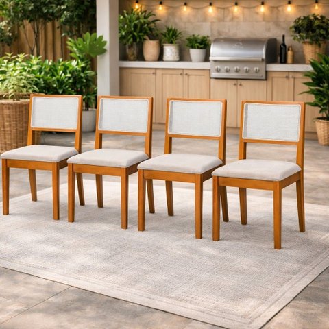 4 Cadeiras de Jantar Madeira Maciça Estofada Betina:offw-hite