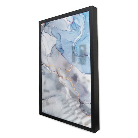 Quadro Decorativo Caixa Alta com Vidro Abstrato Mármore Azul Celeste TaColado Moldura Preta 90 x 60c