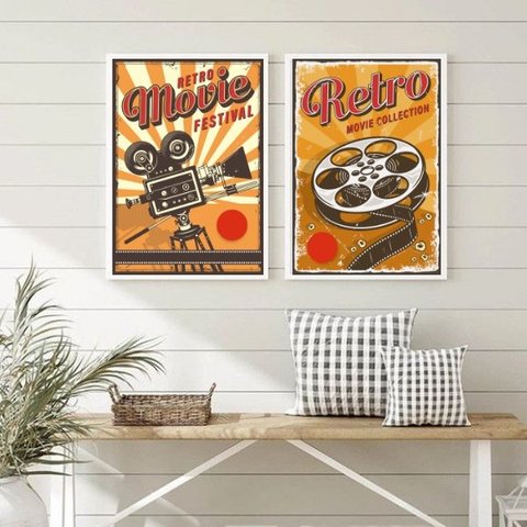 Kit 2 Quadros Sala de Cinema Retrô 24x18cm - com Vidro:madeira Branca