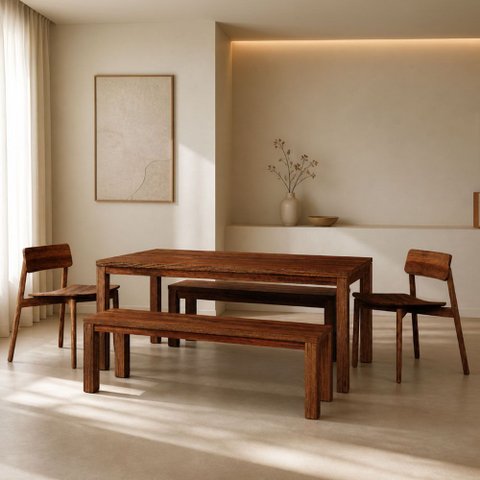 Mesa de Jantar 6 Lugares 180cm com 02 Bancos de Madeira e 02 Cadeiras Dunia F06 Rústico Escuro - Lya
