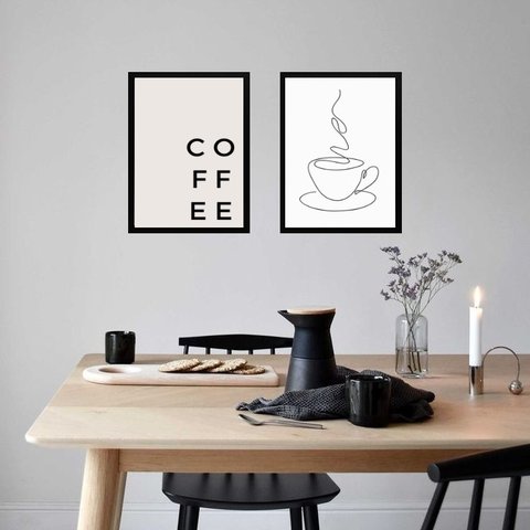 Kit 2 Quadros Ultra Minimalistas Cozinha Café 45x34cm - com Vidro:madeira Branca