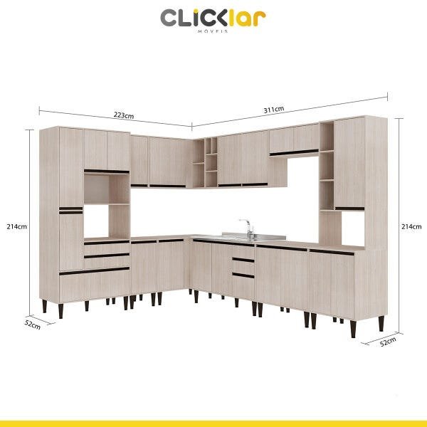 Cozinha Completa de Canto Moderna 223x311 Cm 10 Peças 20 Portas 5 Gavetas MDP Nogueira Café - ClickL - 4