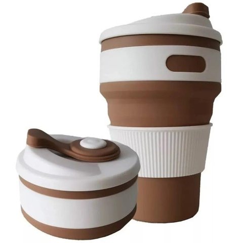 Copo de Silicone Retrátil Dobrável Tampa 350ml:Marrom