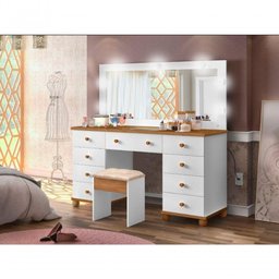 Penteadeira com Espelho Led Mais Banqueta Branca/nature - 2 Penteadeira com Espelho Led Mais Banqueta Branca/nature - 2