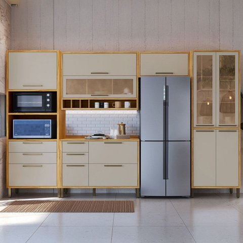 Armário de Cozinha Modulada com Balcão e Tampo 11 Portas 5 Gavetas Ágata 100% Mdf Vidro Reflecta Amê
