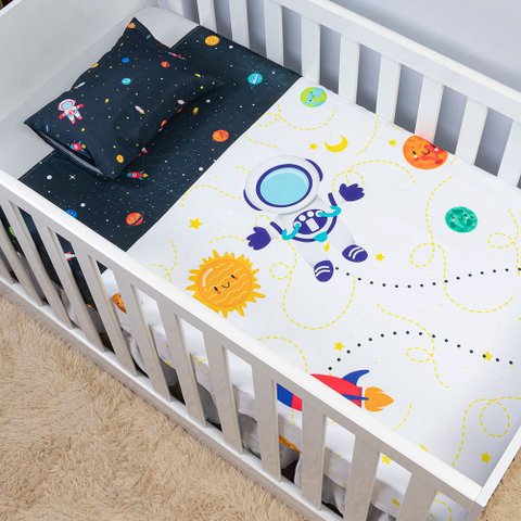 Jogo Lençol Berço Americano 3 Peças Infantil Estampado Fronha Elástico Menino Menina Astronauta