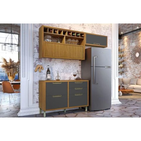 Cozinha Modulada Completa Imperatriz 3 Peças (2aéreos+1balcão) C6p45 Freijo/grafite - Nesher