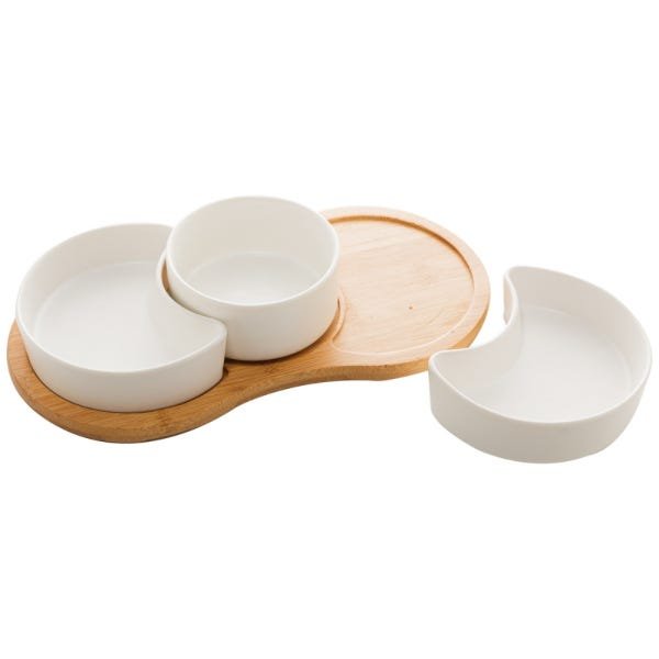 Petisqueira Porcelana Branco Matt Base de Bambu - 4